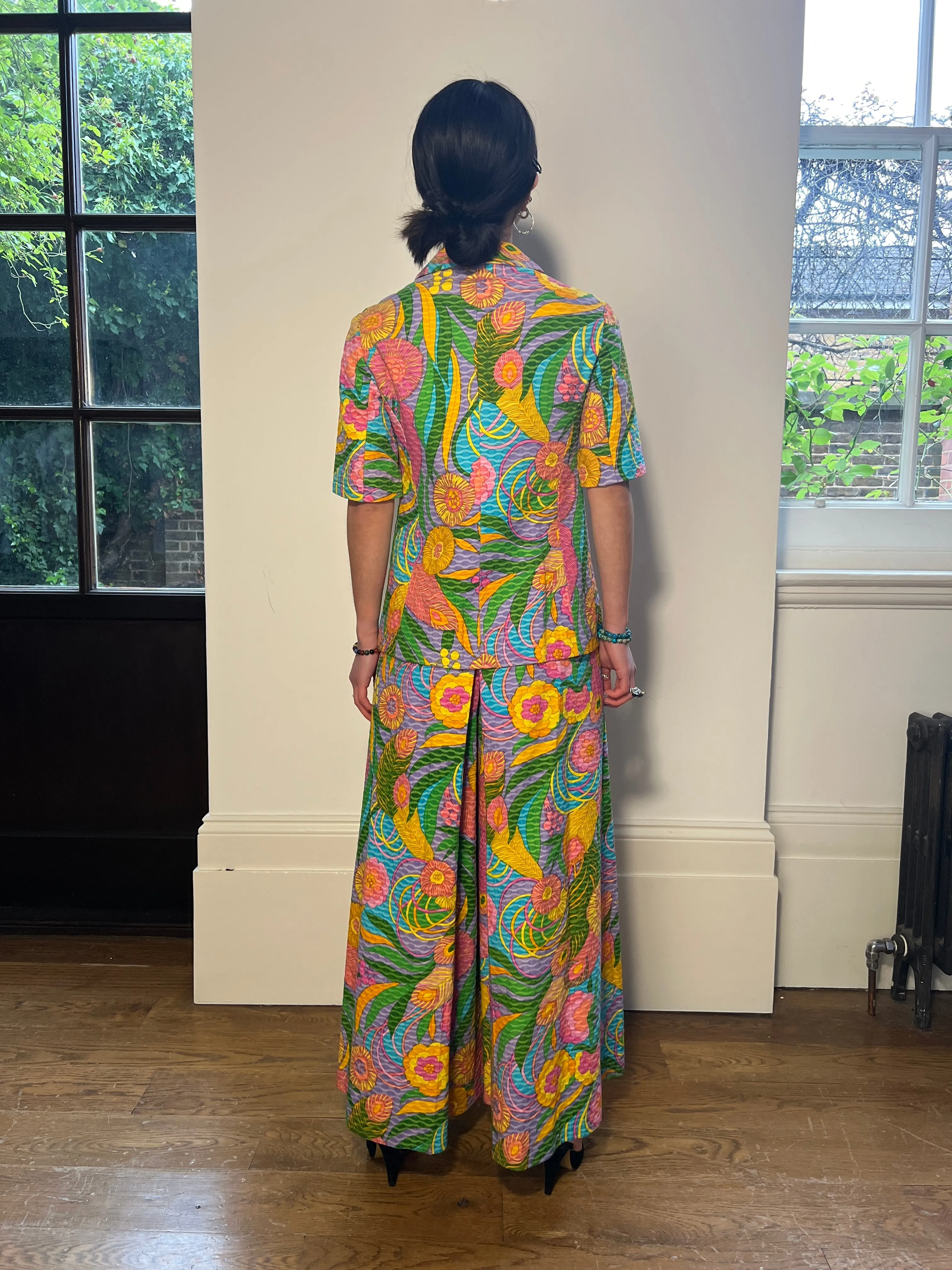 1970s Colourful Cotton Floral Print Trouser Suit