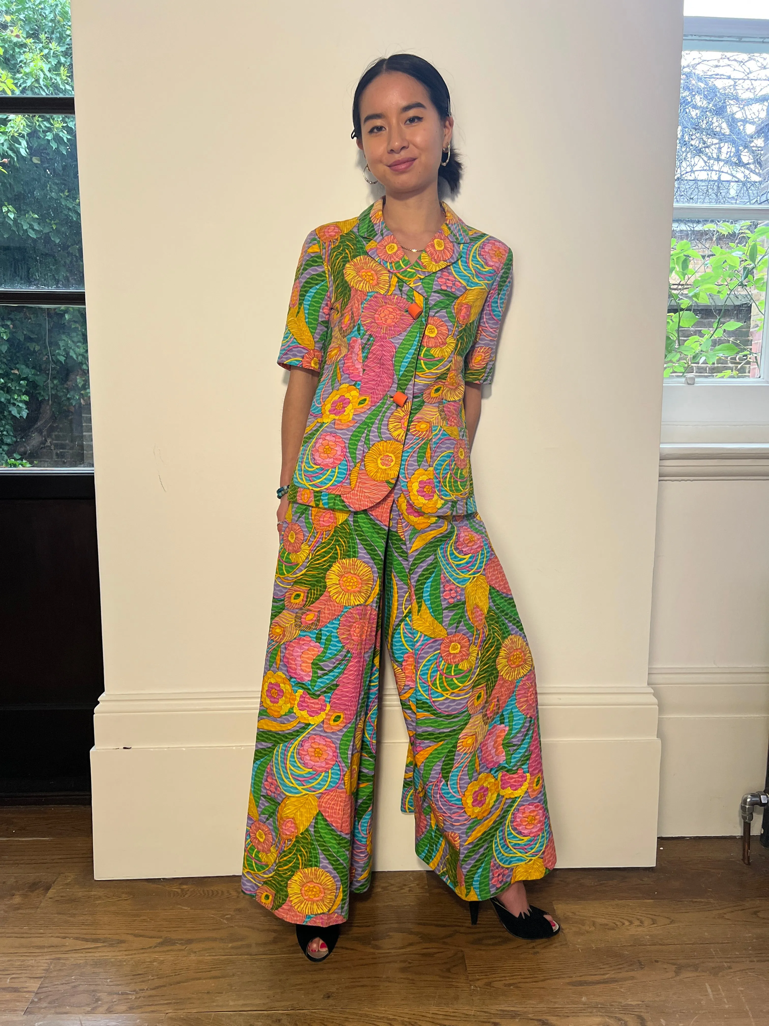 1970s Colourful Cotton Floral Print Trouser Suit