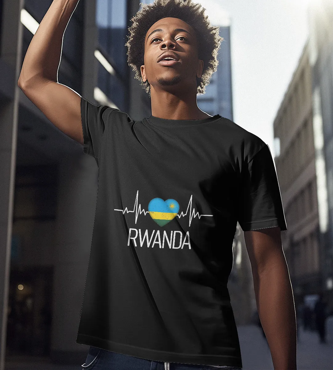 1sttheworld T-Shirt - Heartbeat Rwanda T-Shirt Black A35