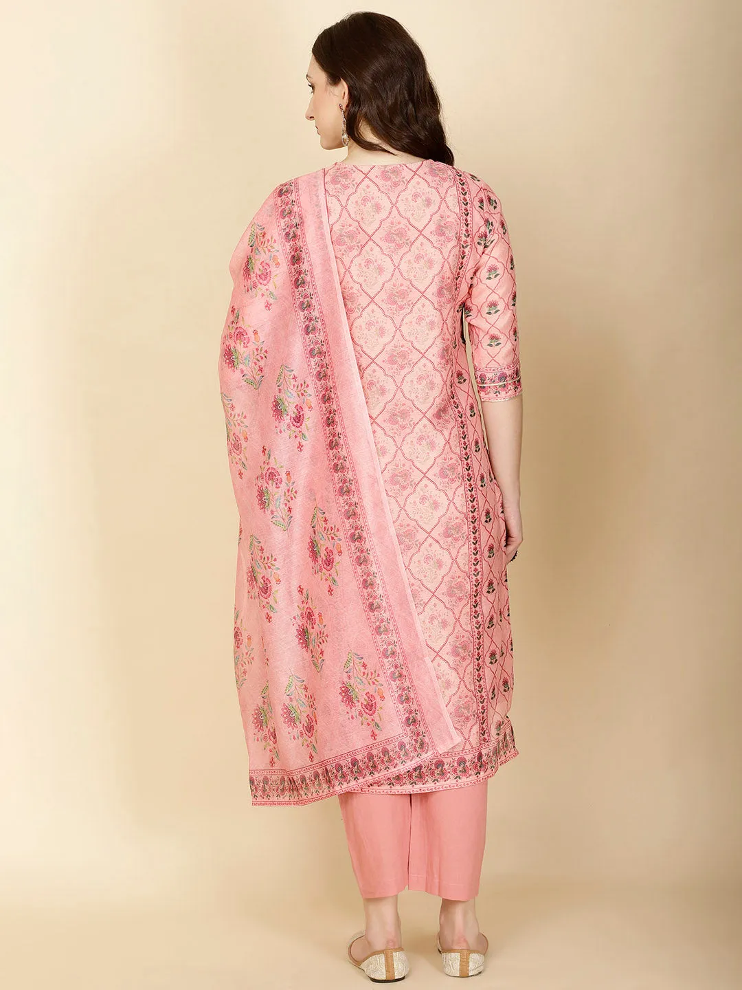 Abstract Printed Chanderi Kurta With Pants & Dupatta