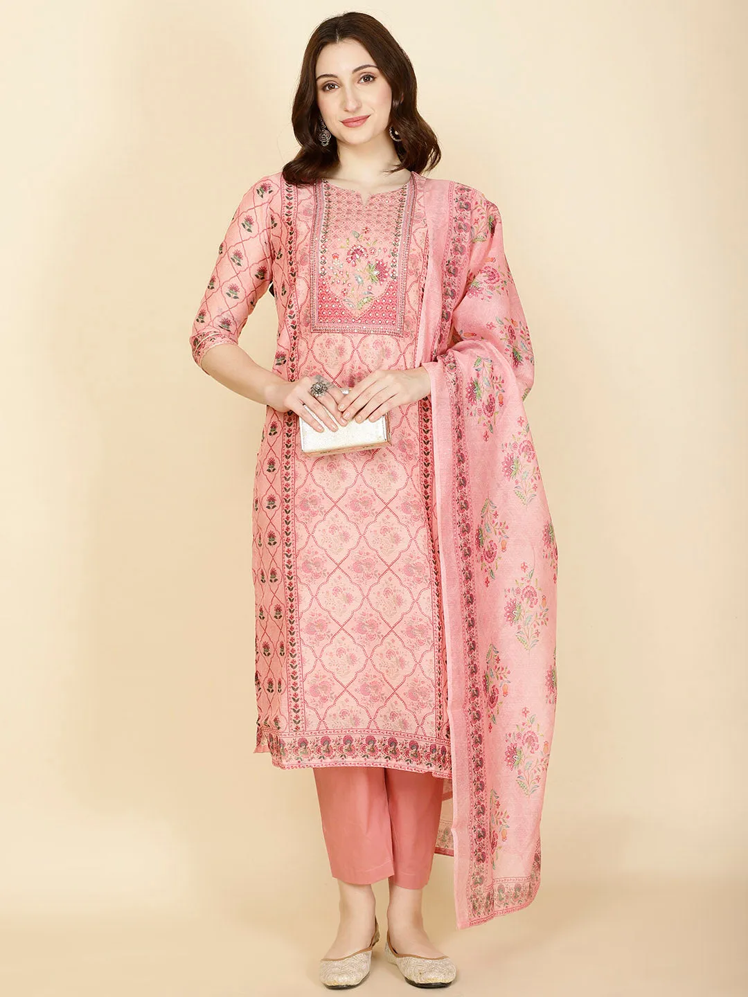 Abstract Printed Chanderi Kurta With Pants & Dupatta