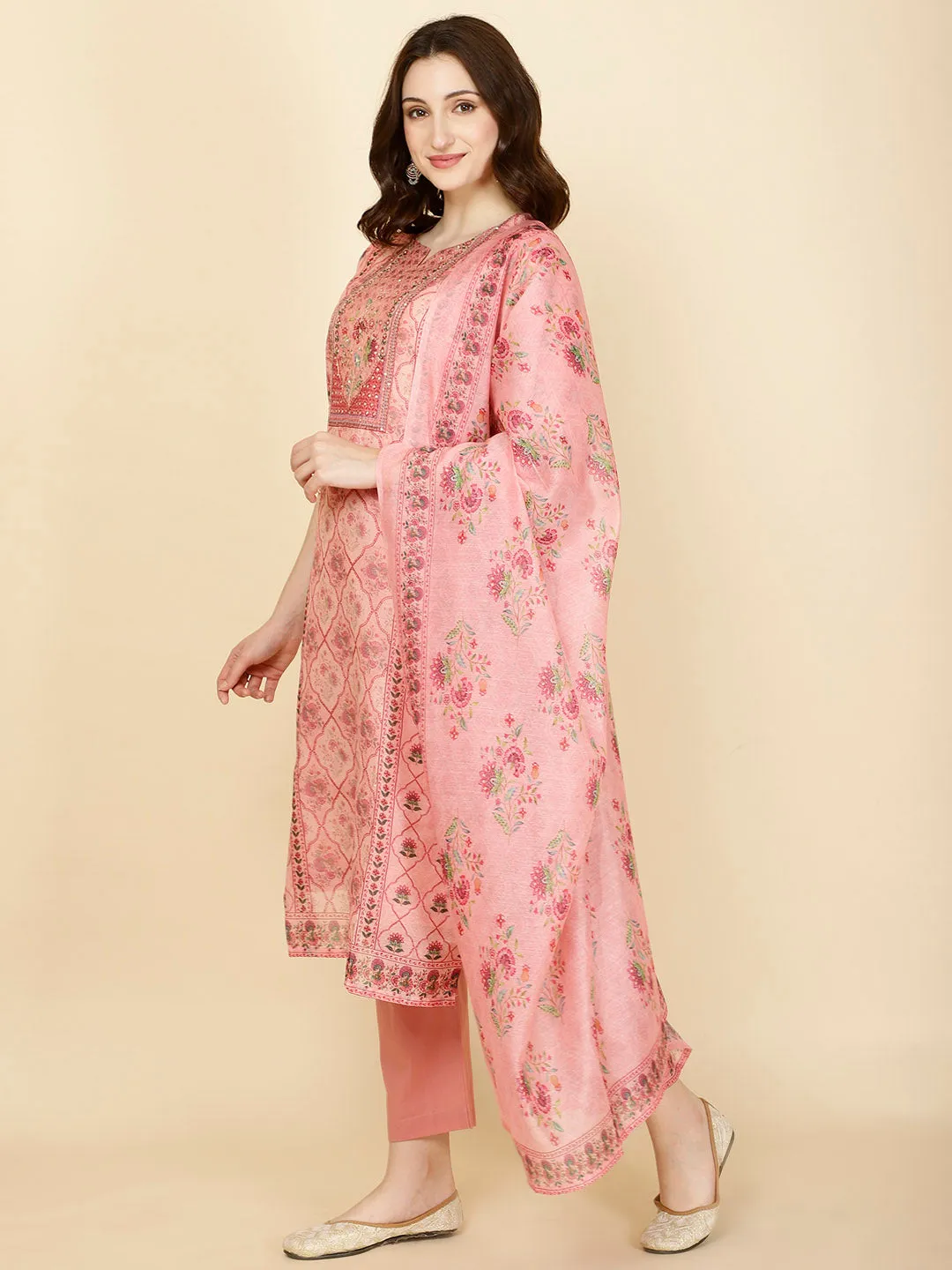 Abstract Printed Chanderi Kurta With Pants & Dupatta