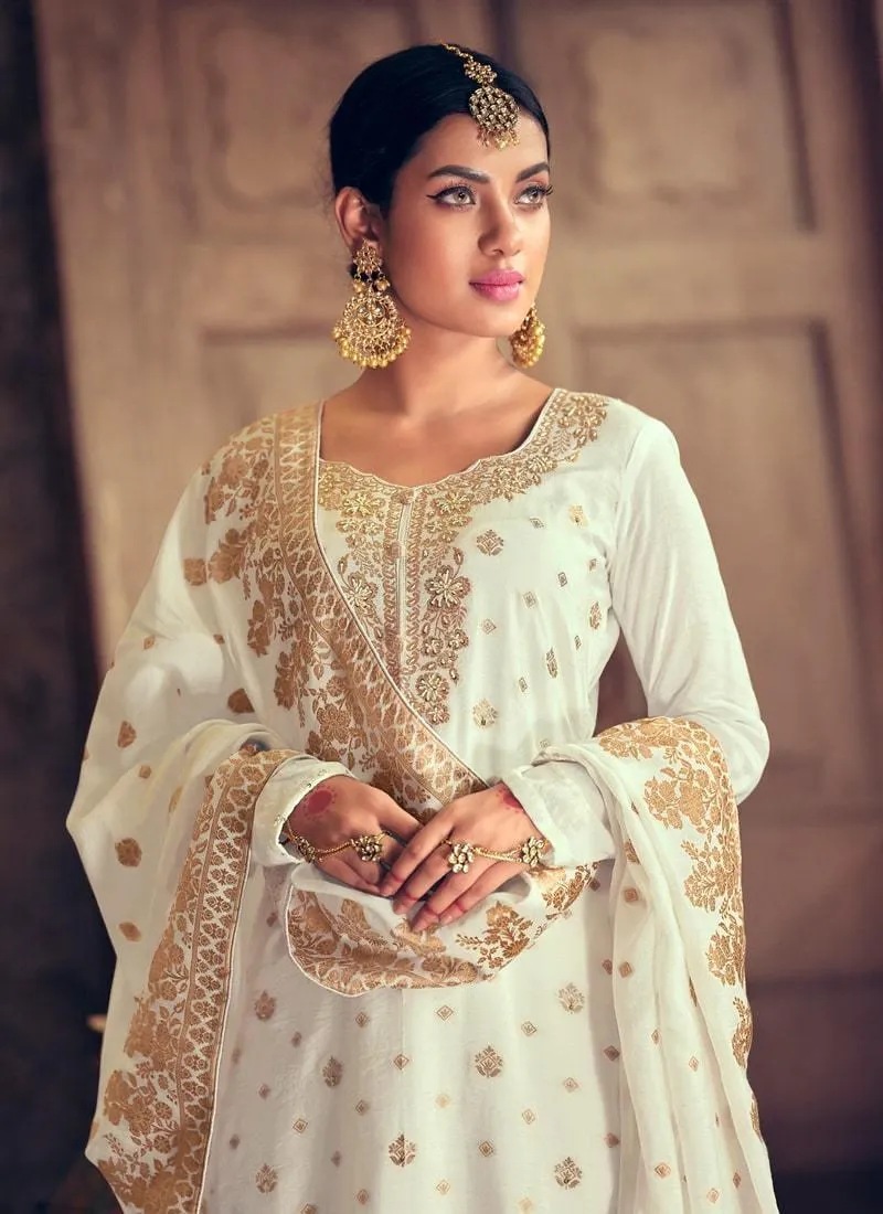 Admirable Off-White Color Jacquard Silk Base Palazzo Salwar Suit