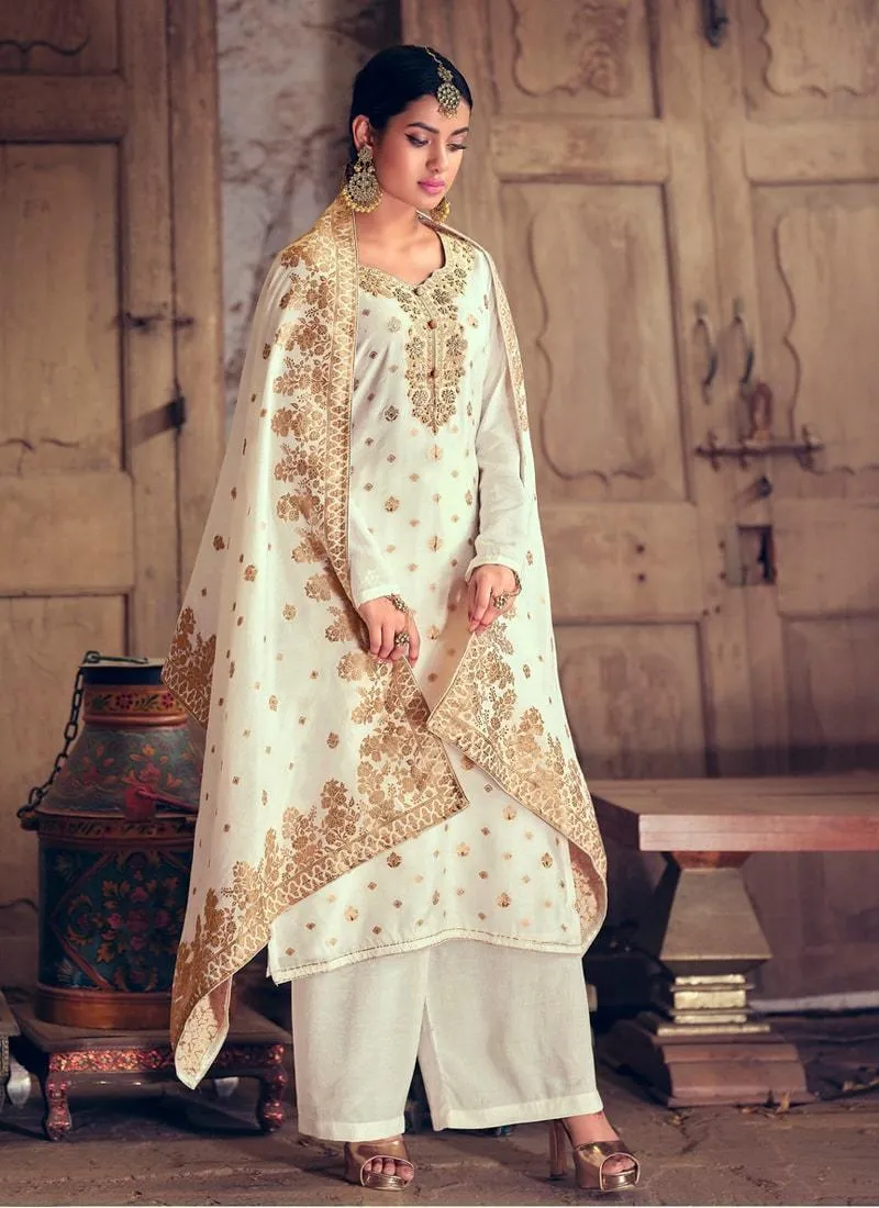 Admirable Off-White Color Jacquard Silk Base Palazzo Salwar Suit