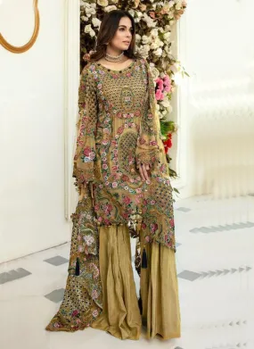 Adorable Flaxen Yellow Color Soft Net Base Pakistani Palazzo Suit