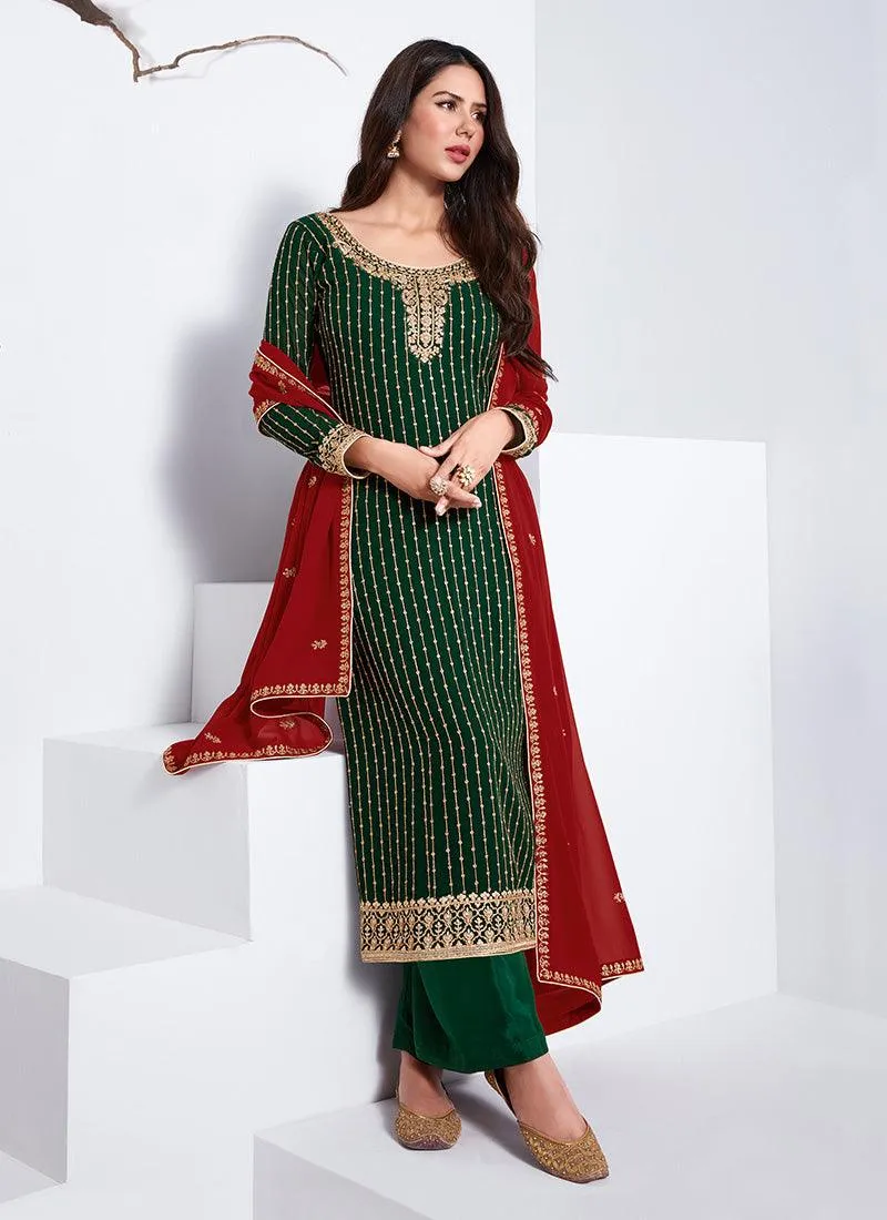 Adorable Look Dark Green Color Zari Work Pant Style Salwar Suit