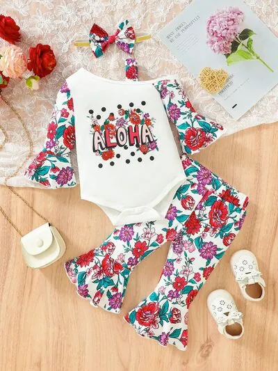 ALOHA Printed Bodysuit and Flare Pants Set