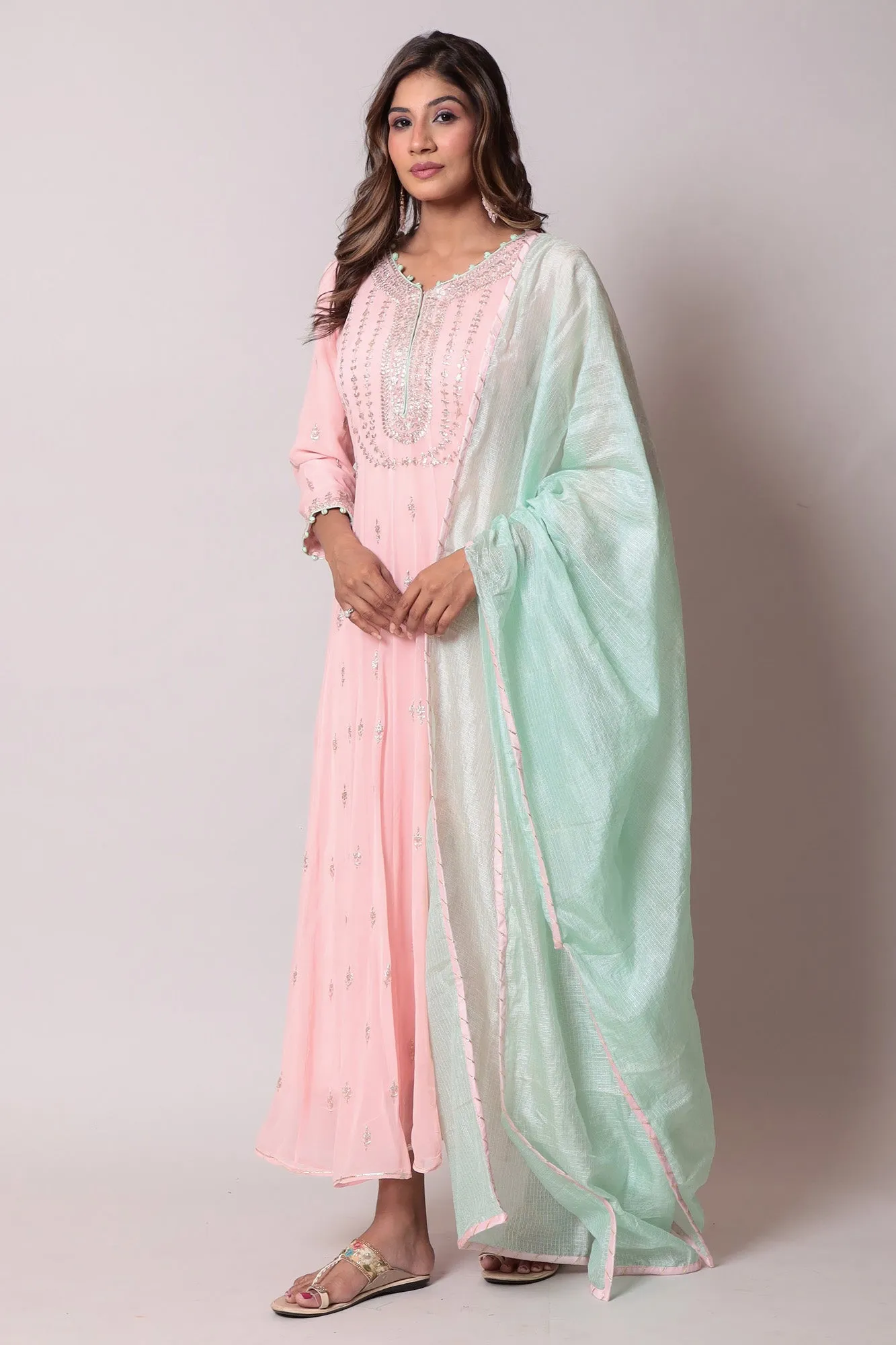 Anarkali Georgette Pittan Suit with Handloom Dupatta