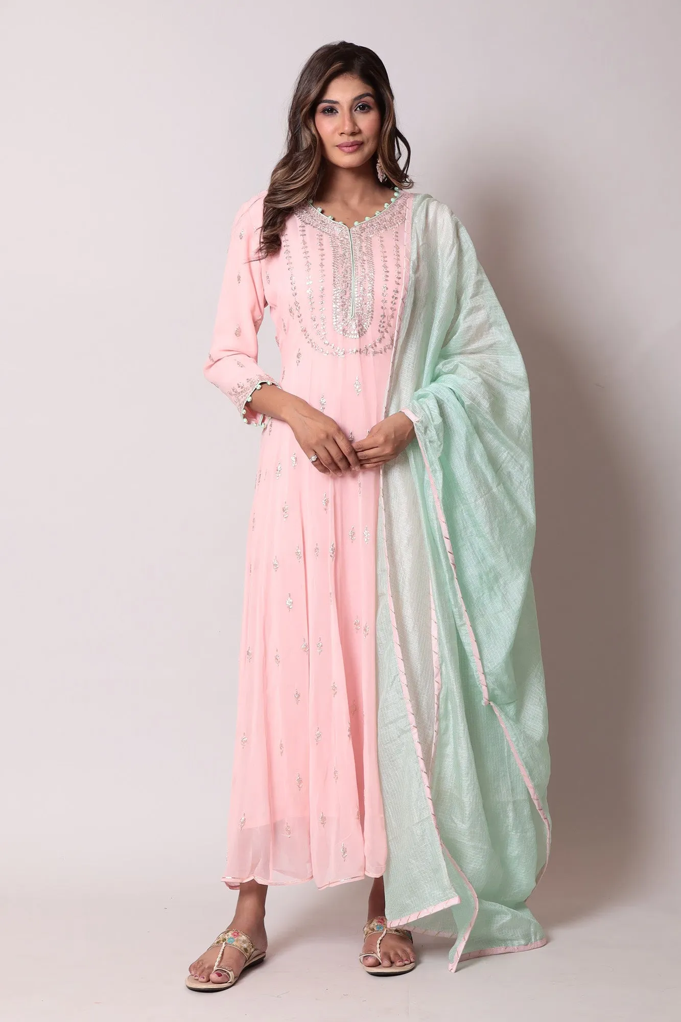 Anarkali Georgette Pittan Suit with Handloom Dupatta