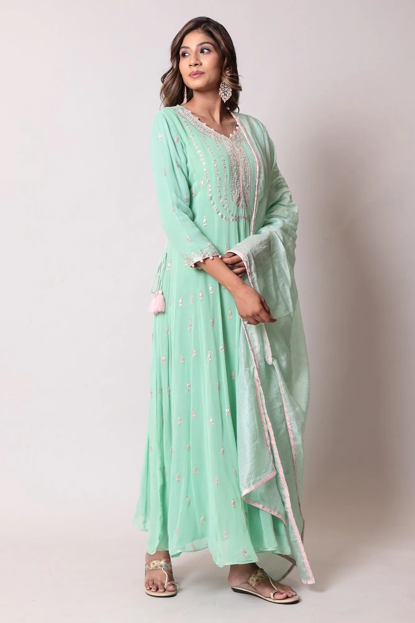 Anarkali Georgette Pittan Suit with Handloom Dupatta