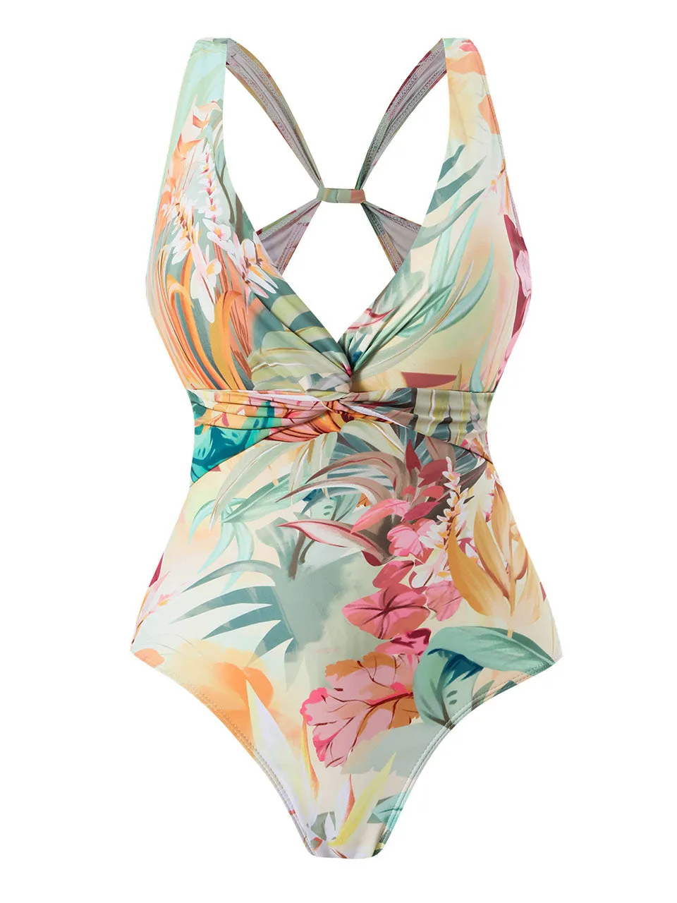 Apricot Floral Print Flower Strap One Piece With Bathing Suit Wrap Skirt