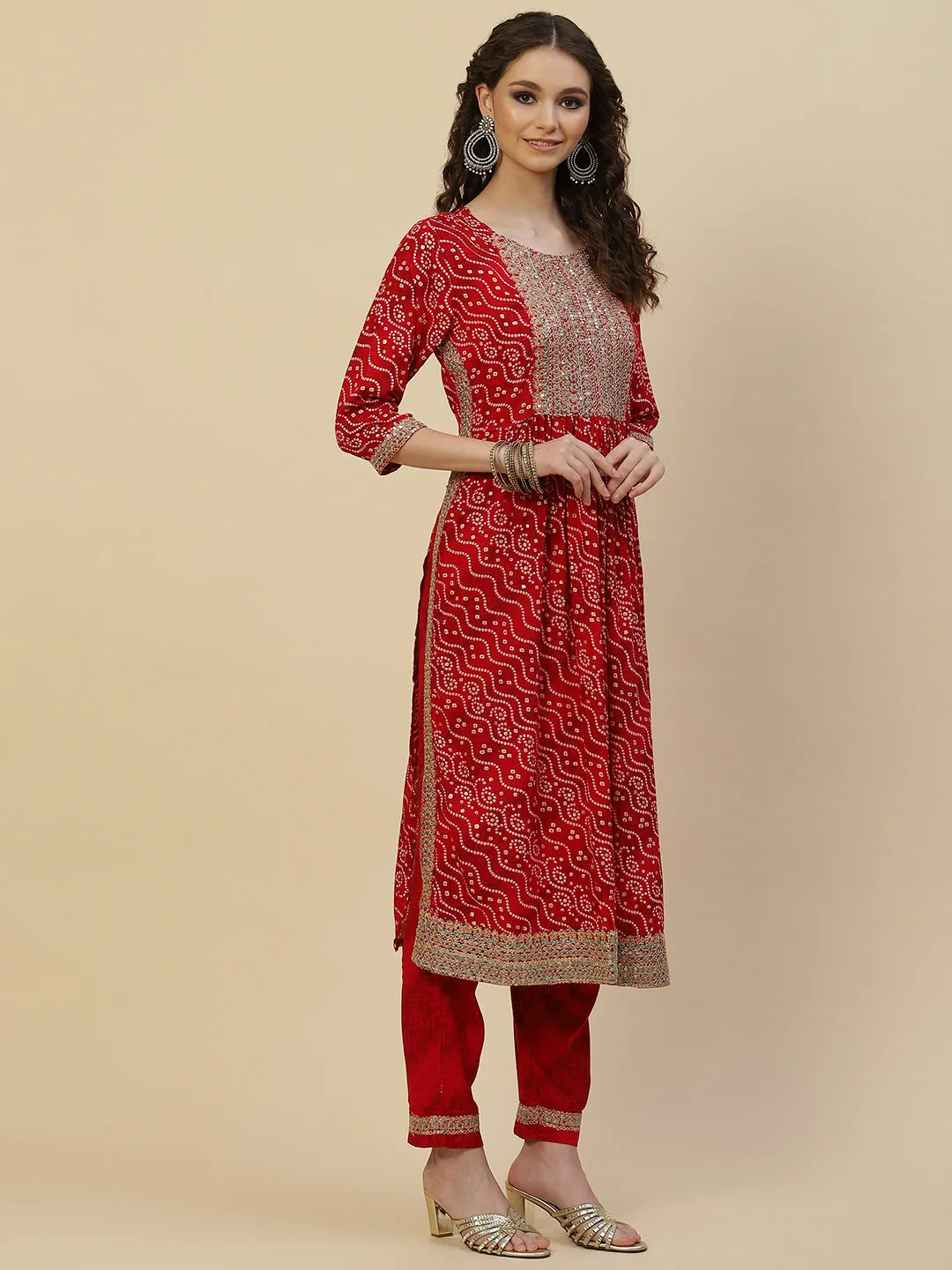 Bandhani Printed Cotton Kurta With Pants & Dupatta