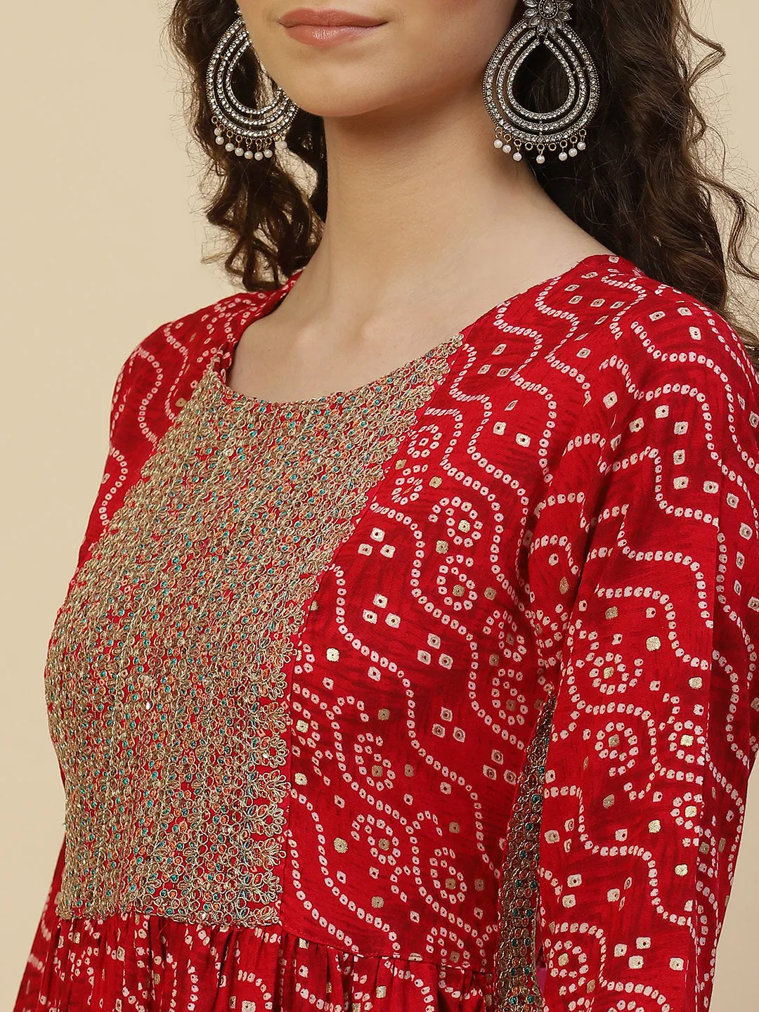 Bandhani Printed Cotton Kurta With Pants & Dupatta