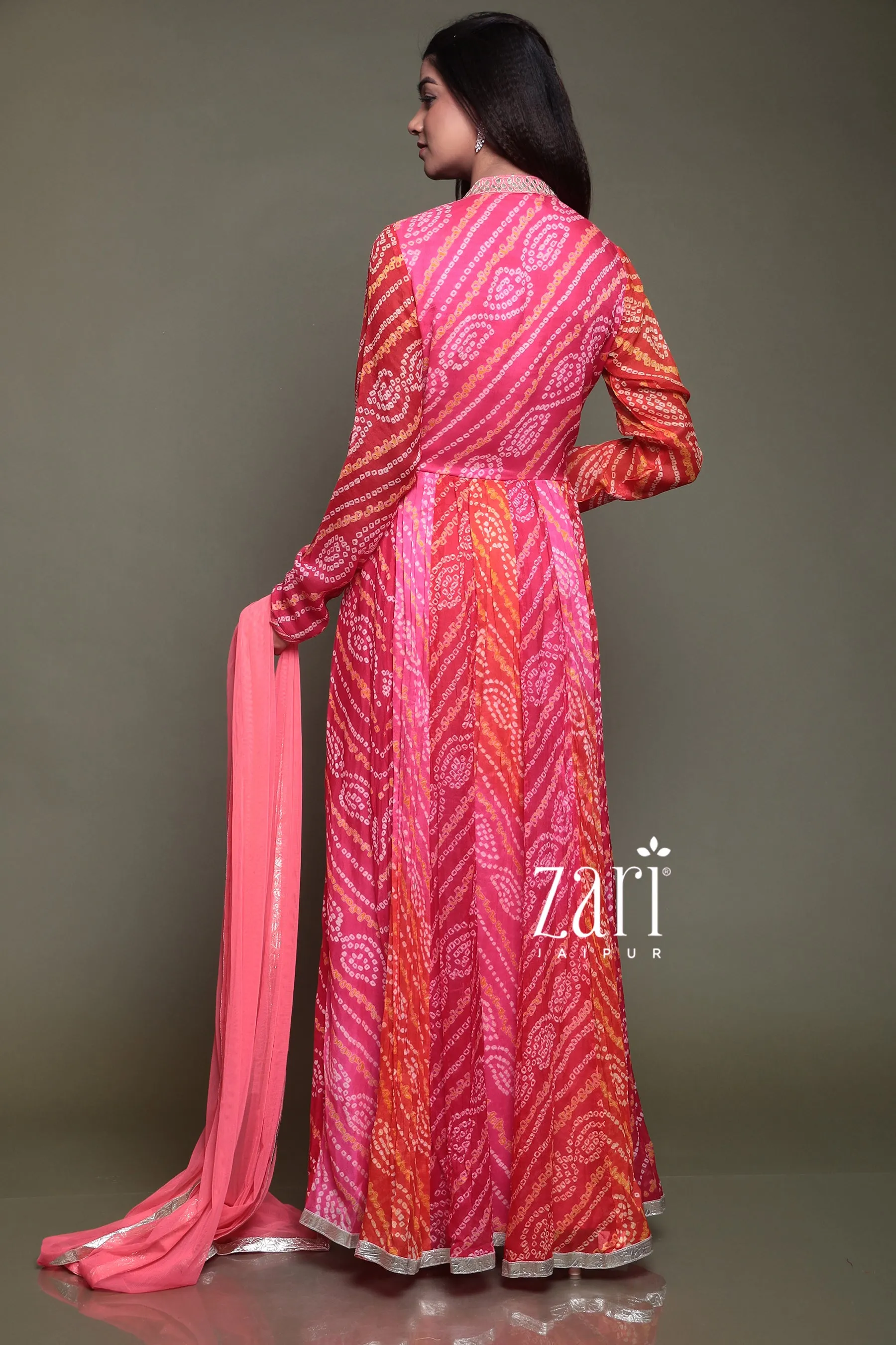 Bandhej Chinon silk Suit with Aari, Gota Patti, Pearl, Thread work.