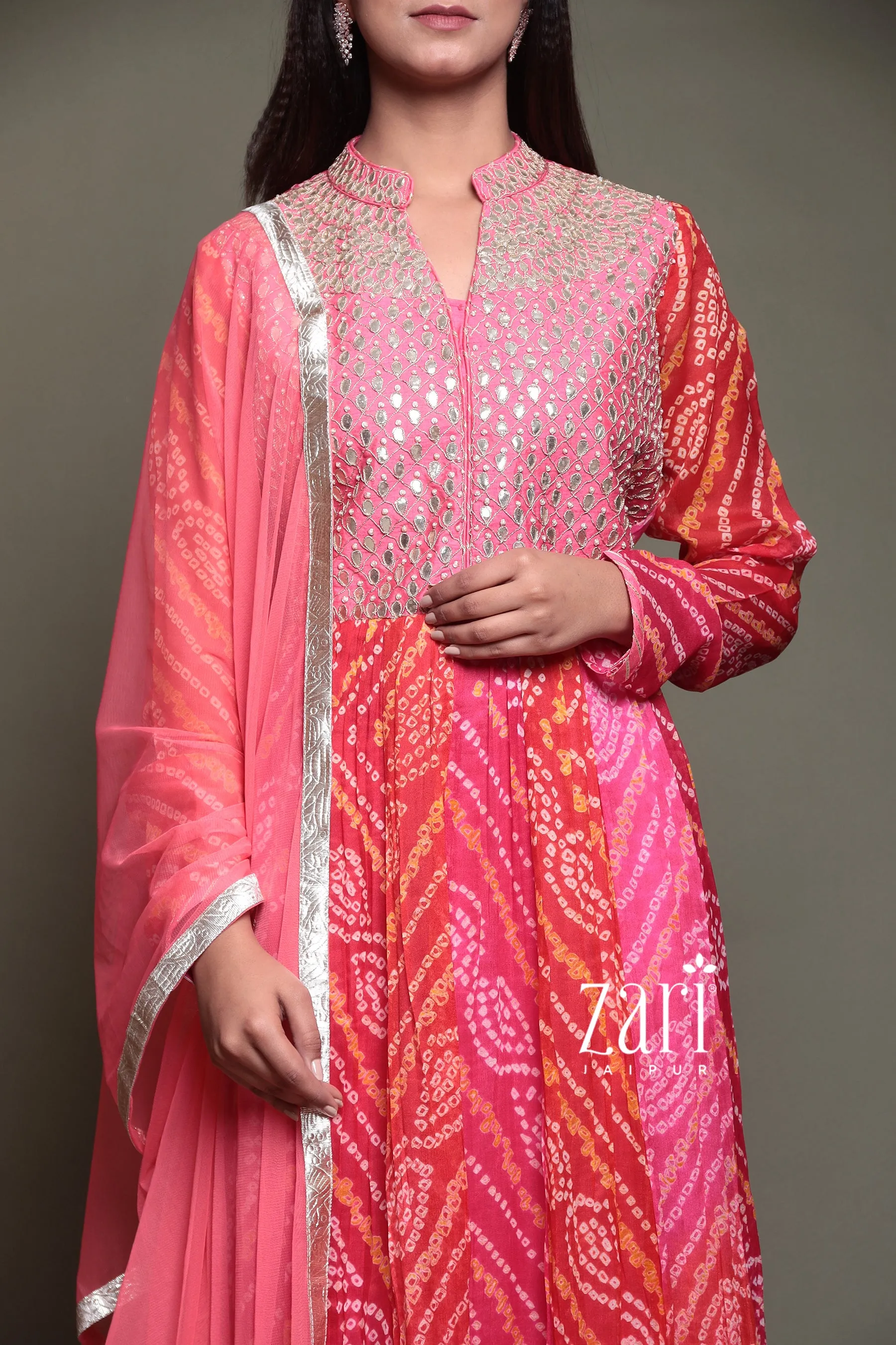 Bandhej Chinon silk Suit with Aari, Gota Patti, Pearl, Thread work.