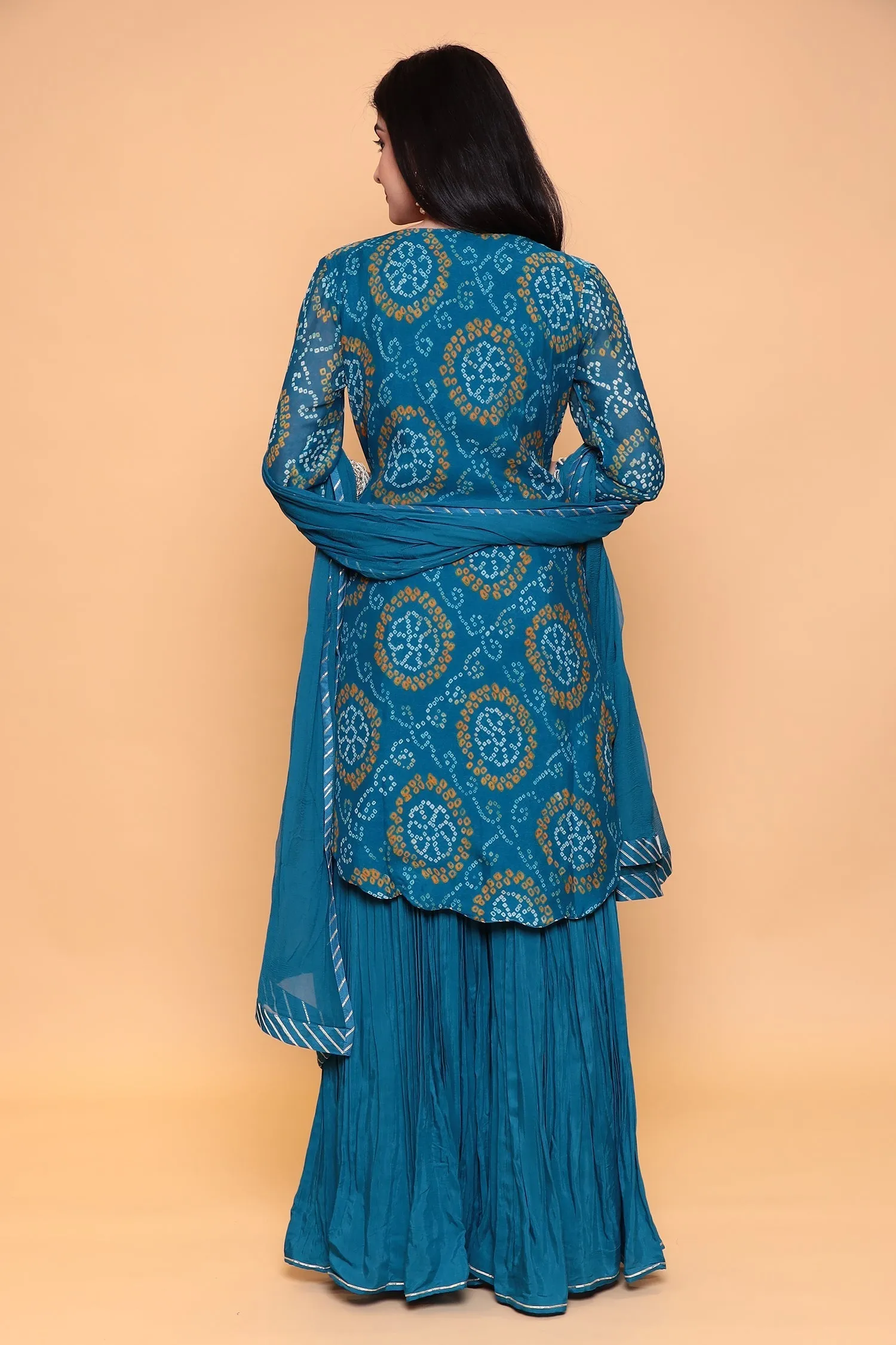 Bandhej Georgette Sharara Suit with Gota Patti work.