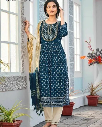 Beautiful Rayon Gold Print & Handwork Salwar Suit Set