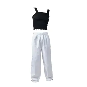 Black Ruffle Top & White Parachute Pants