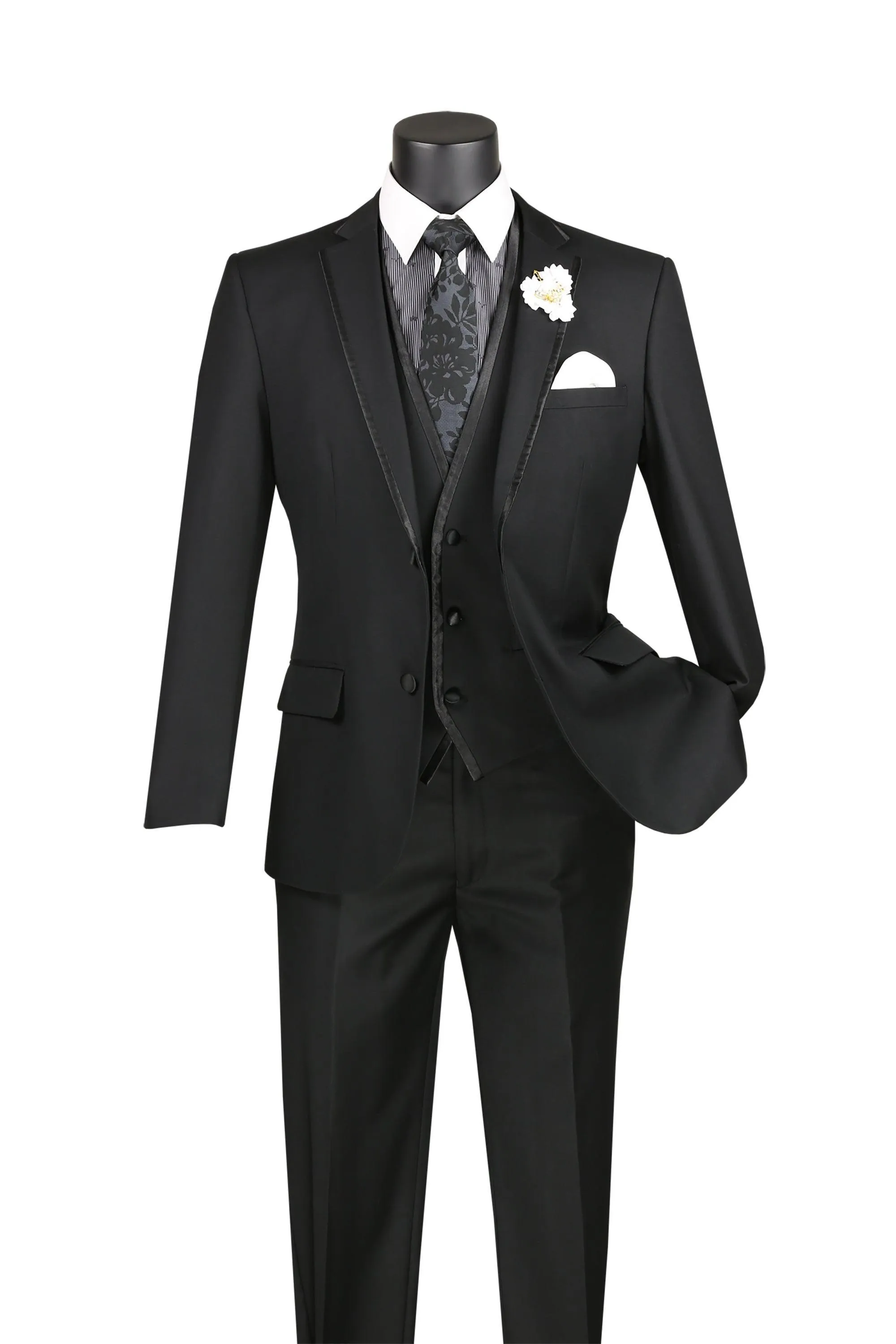 Black Trimmed Lapel Slim Fit 3 Piece Suit