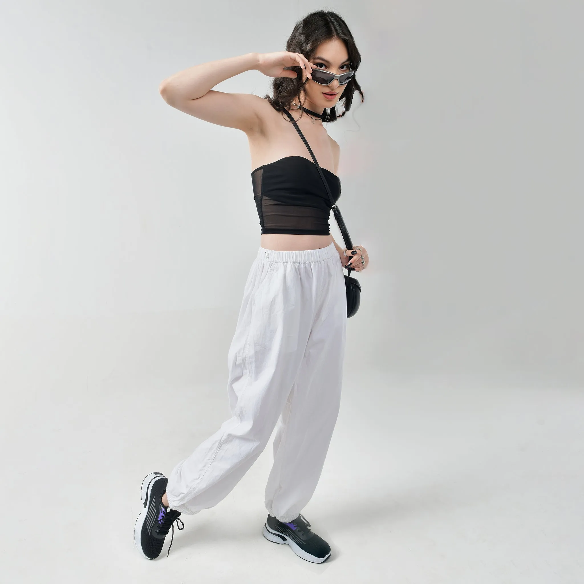 Black Tube Top & White Parachute Pants