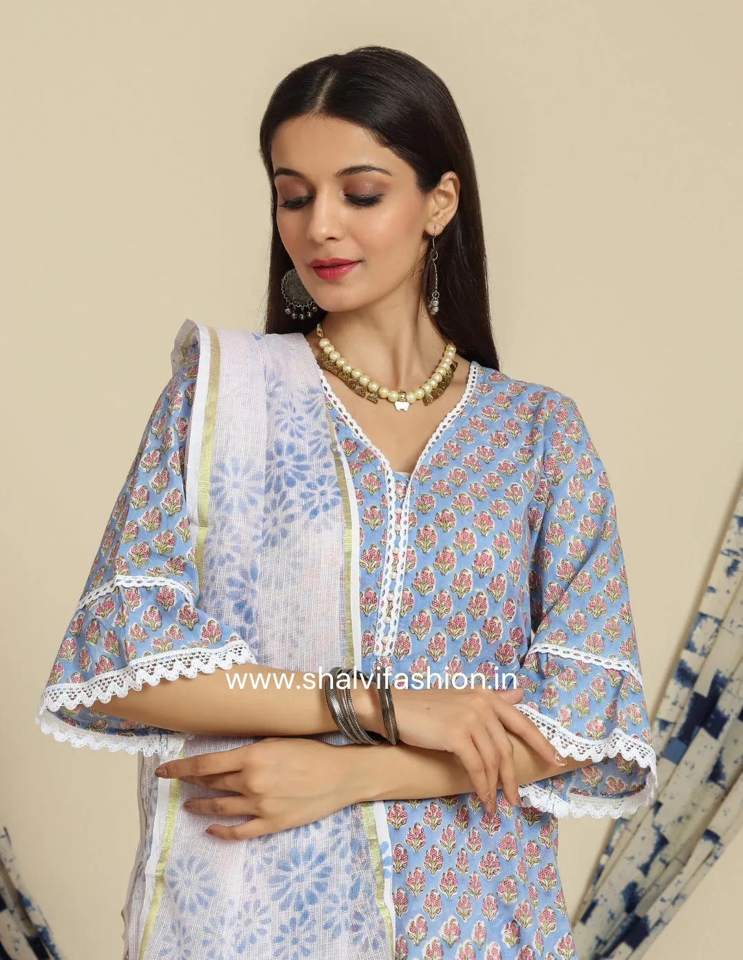 Blue Buti Print Cotton Suit Set with Kota Doria Dupatta (CSS80KD)