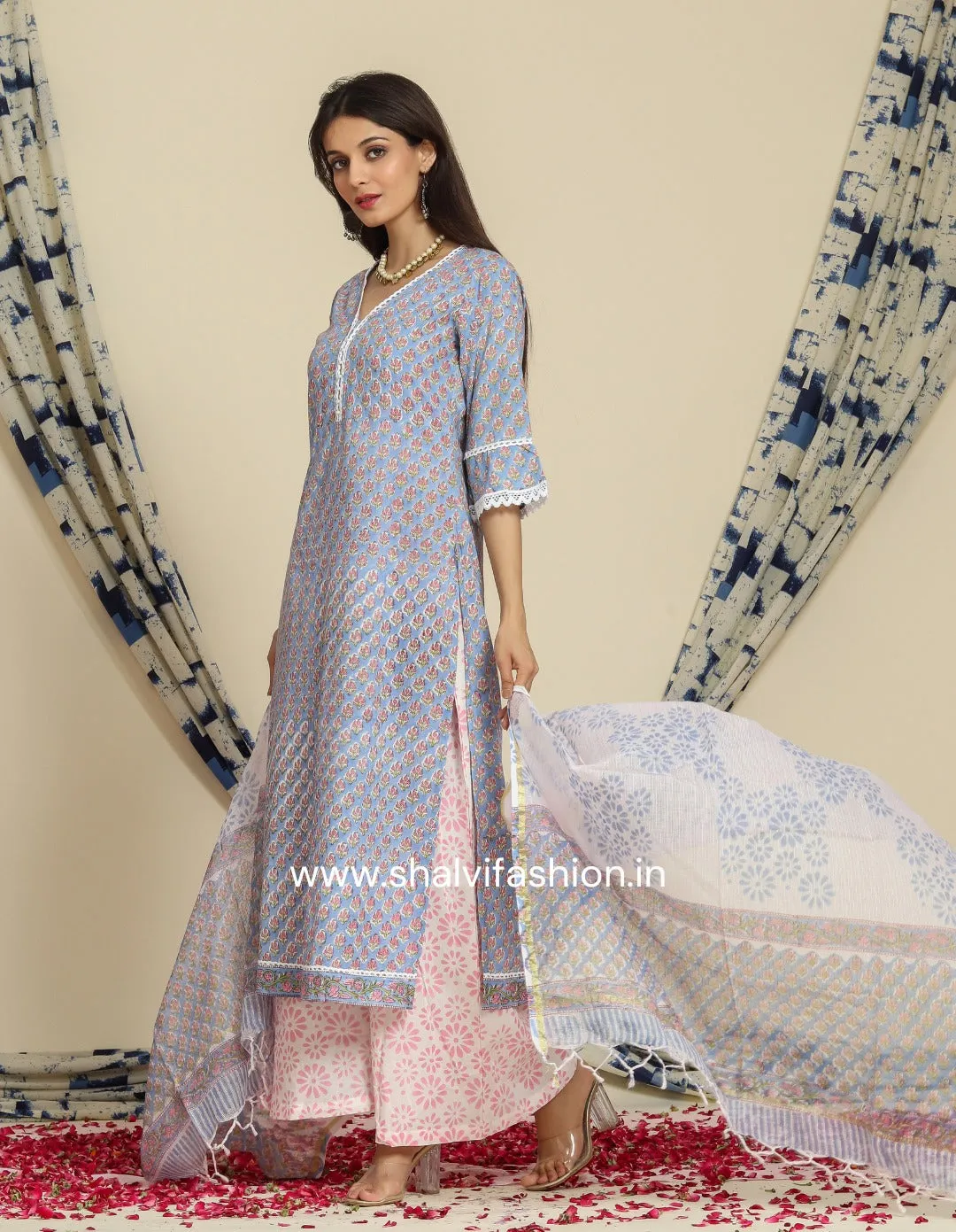 Blue Buti Print Cotton Suit Set with Kota Doria Dupatta (CSS80KD)