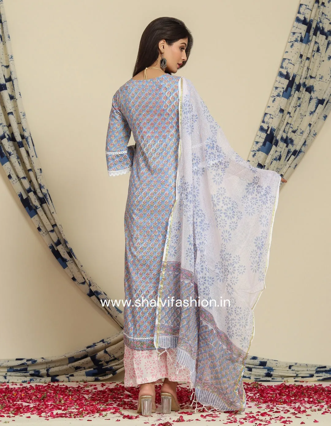 Blue Buti Print Cotton Suit Set with Kota Doria Dupatta (CSS80KD)