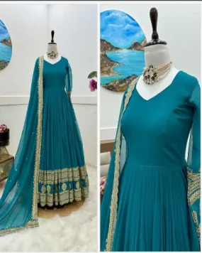 Blue Embroidered Sequence Work Georgette Anarkali Gown With Dupatta