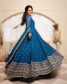 Blue Georgette Designer Heavy Sequence Work Anarkali Suit Set