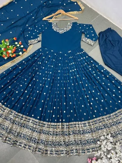 Blue Georgette Designer Heavy Sequence Work Anarkali Suit Set