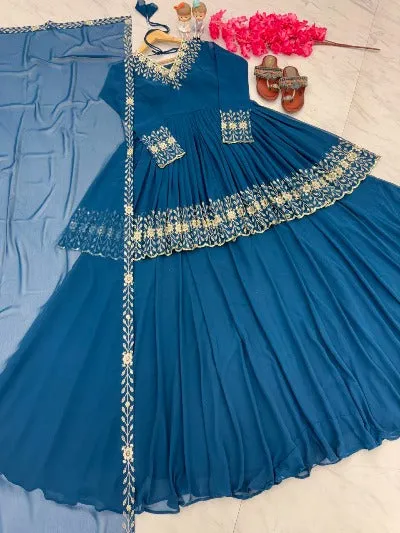 Blue Georgette Designer Partywear  Kurti Lehenga 3pc Set