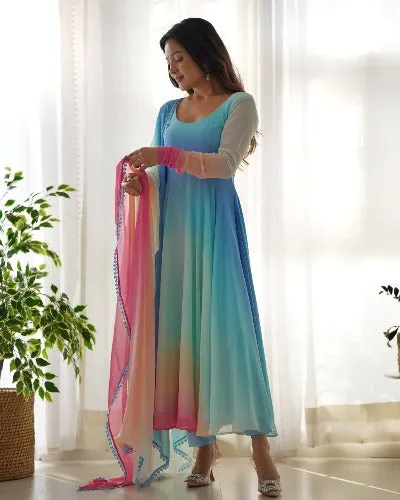 Blue Tone Multicolour Soft Georgette Anarkali Flared Salwar Suit Set