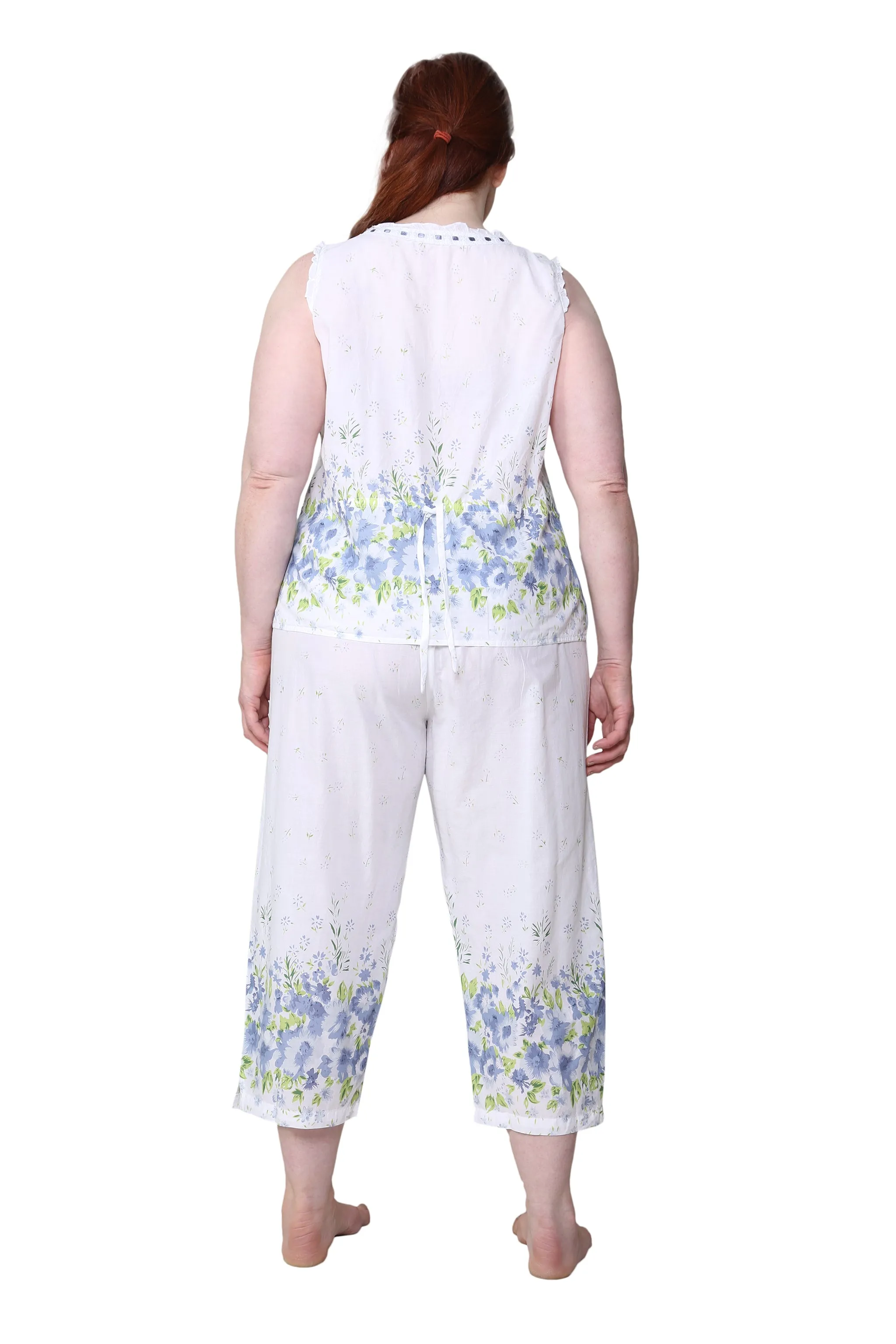 Border Print Sleeveless 100% Cotton Floral  Plus Size PJs