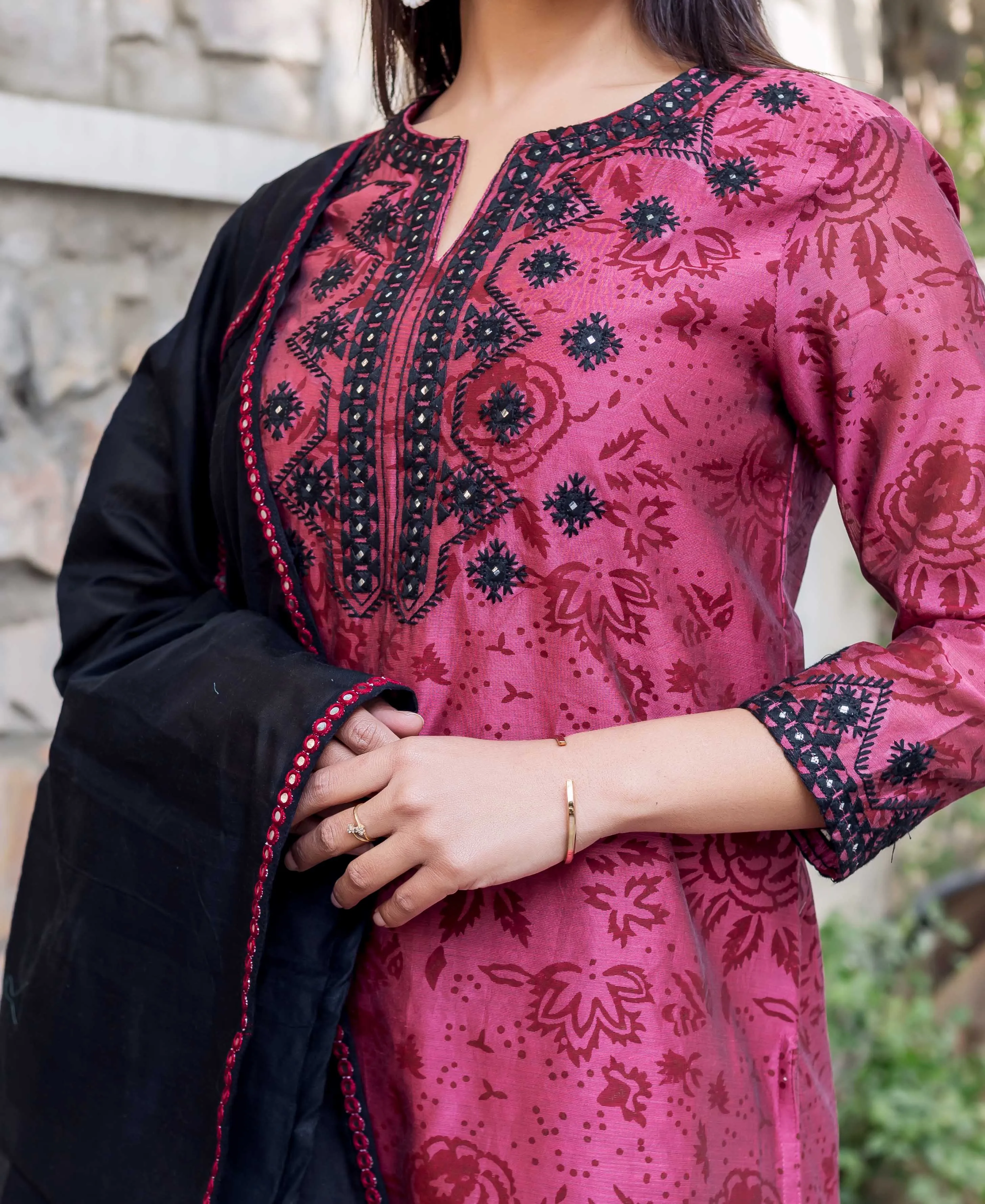 Burgundy Chanderi Block Printed Kurta