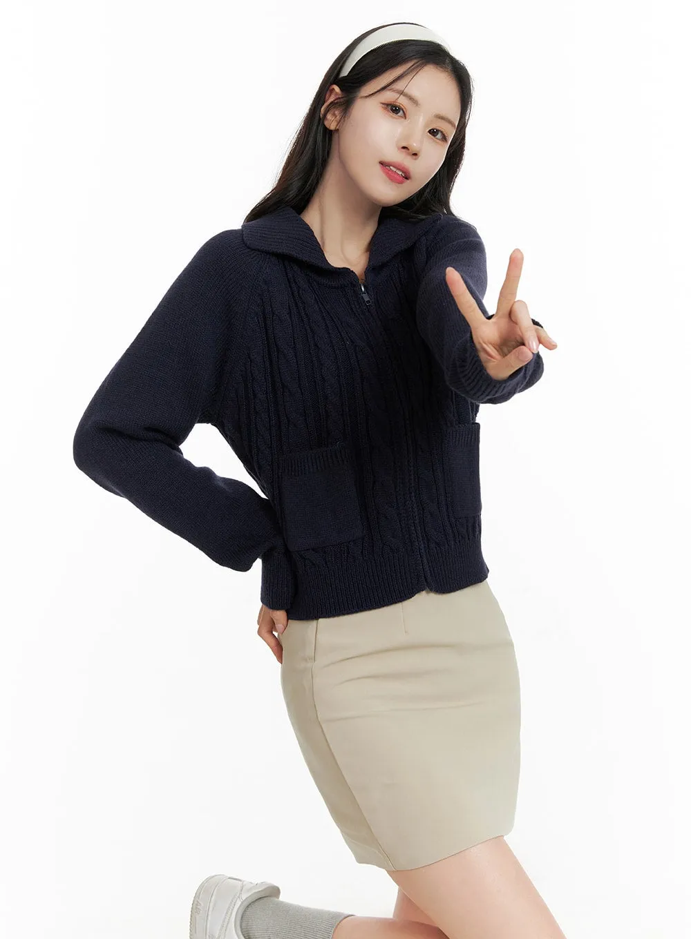 Cable Knit Zip-Up Sweater OF414