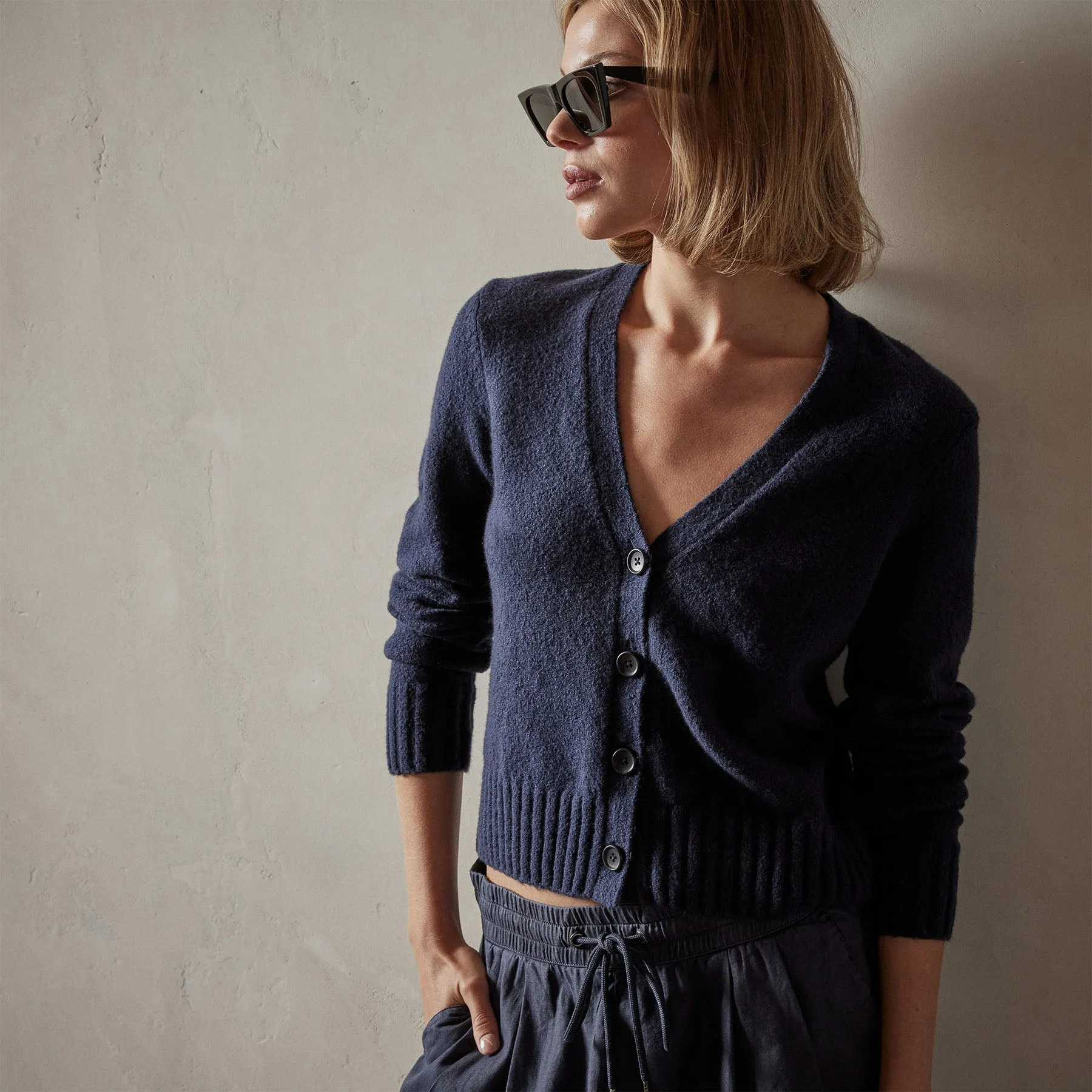 Cotton Cashmere Blend Cardigan - Navy