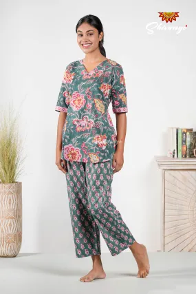 Dark Green Floral Print Cotton Night Wear Set For Women !!!