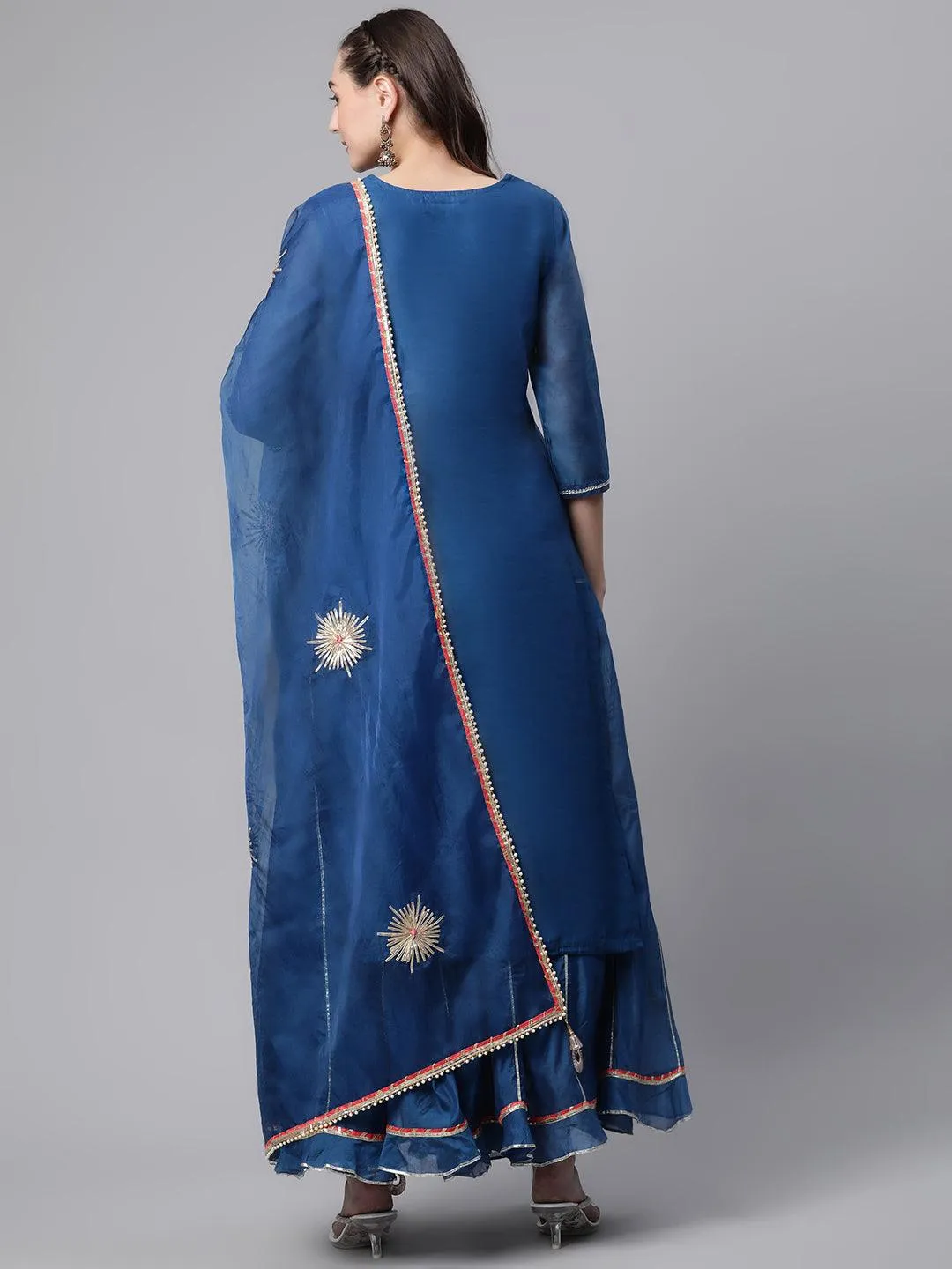 Divena Blue Solid Chenderi Kurta Skirt Set with Dupatta