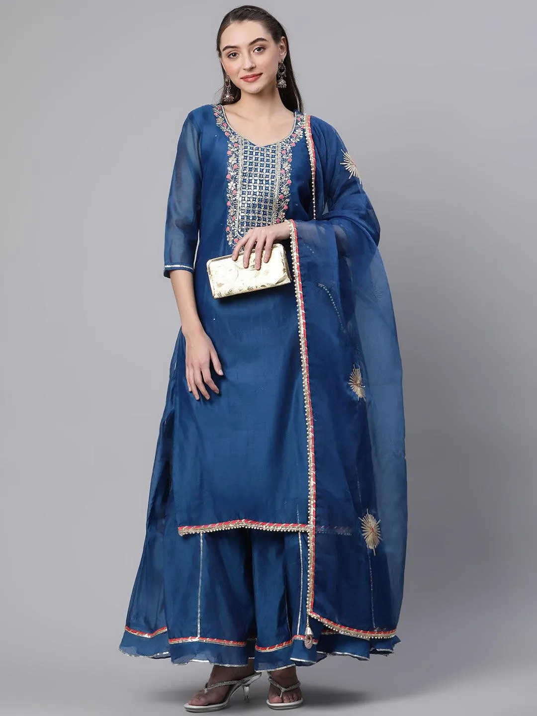 Divena Blue Solid Chenderi Kurta Skirt Set with Dupatta