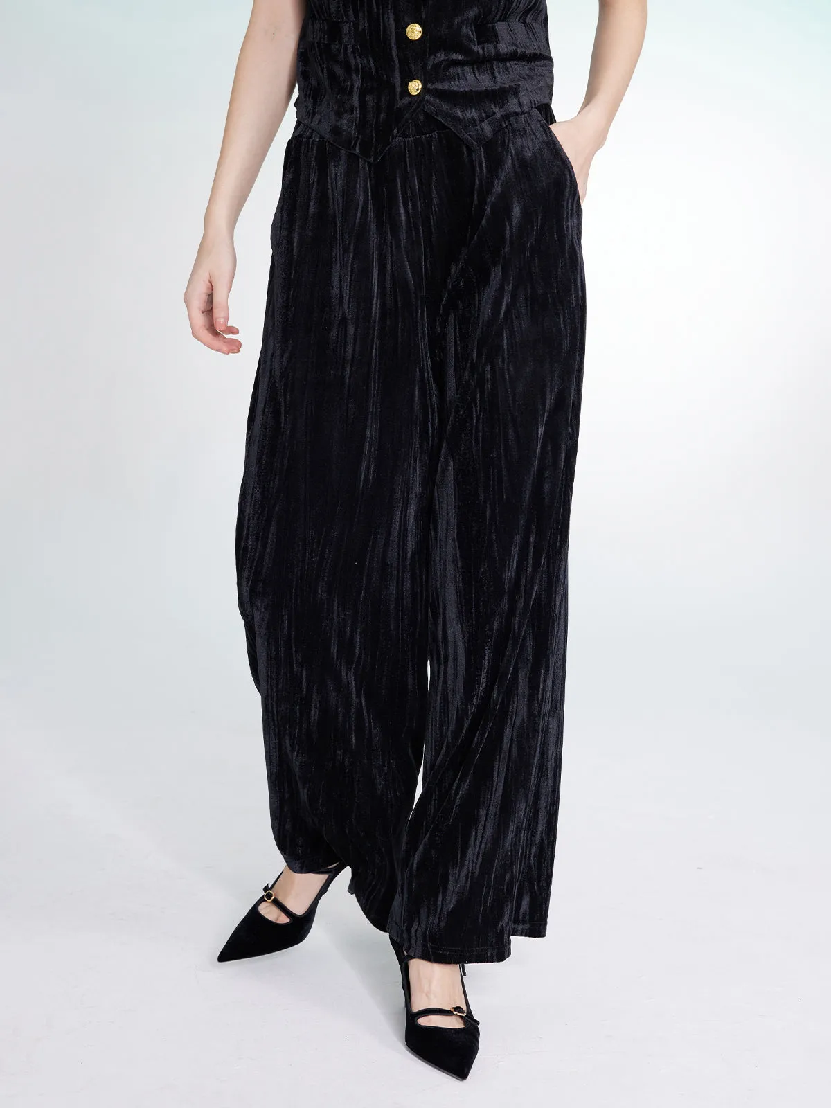 Embossed Velvet Elastic Waist Wide-Leg Pants