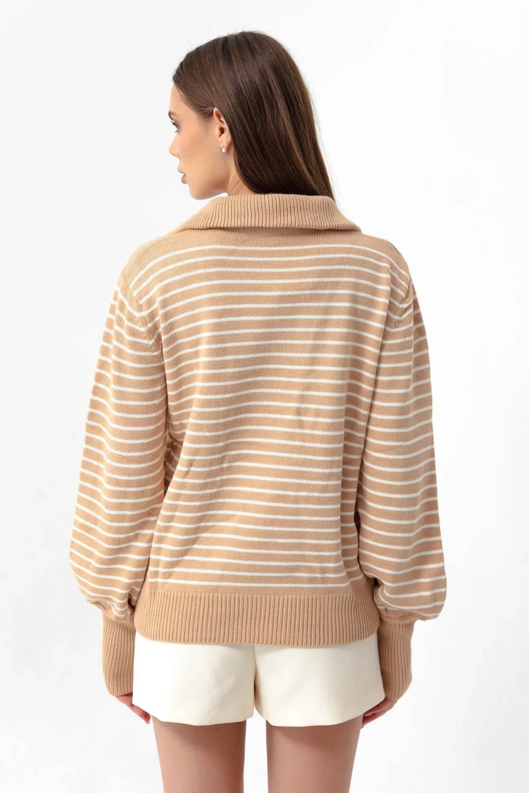 Female Zipper Detailed Striped Knitwear Sweater