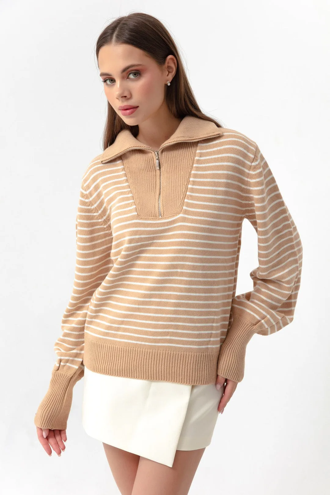 Female Zipper Detailed Striped Knitwear Sweater