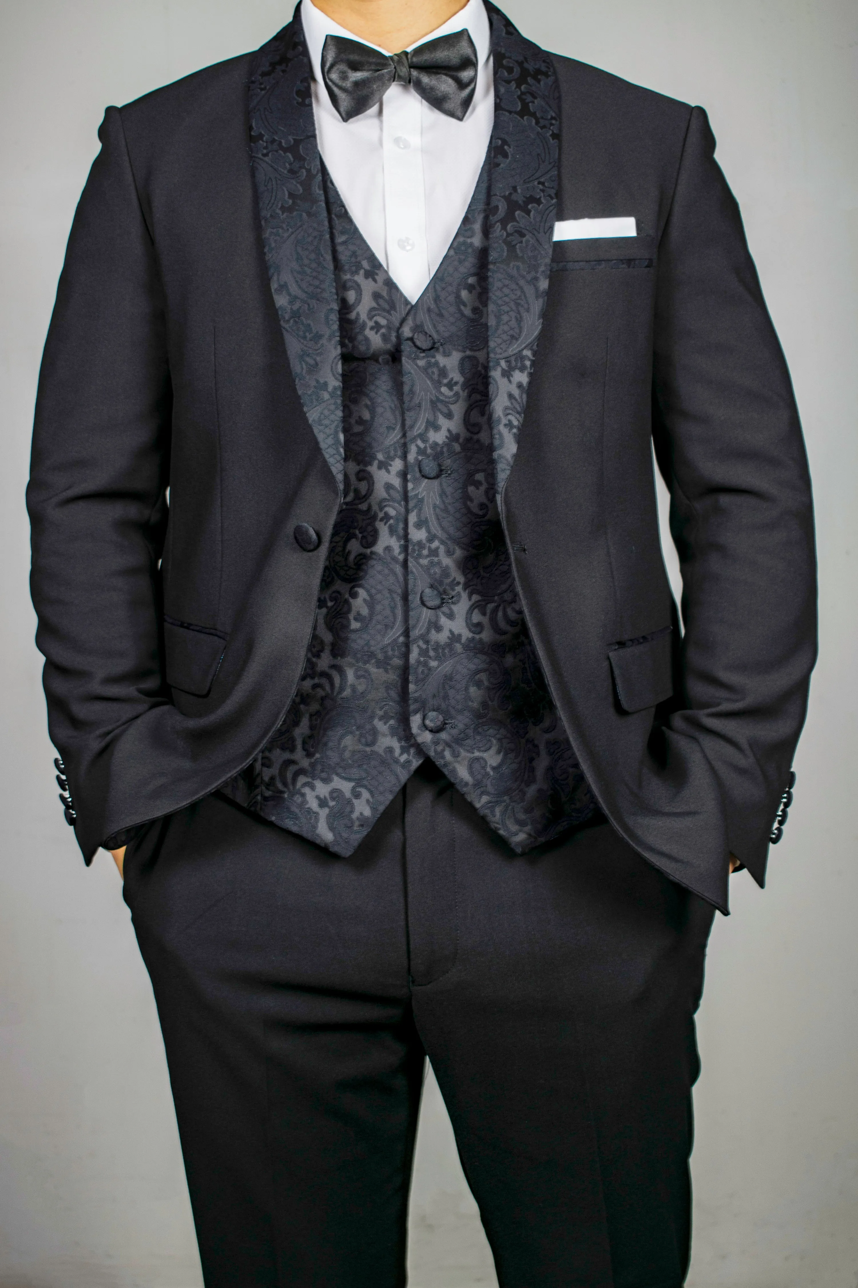 Mens Black Tuxedo with Embroidery Lapel