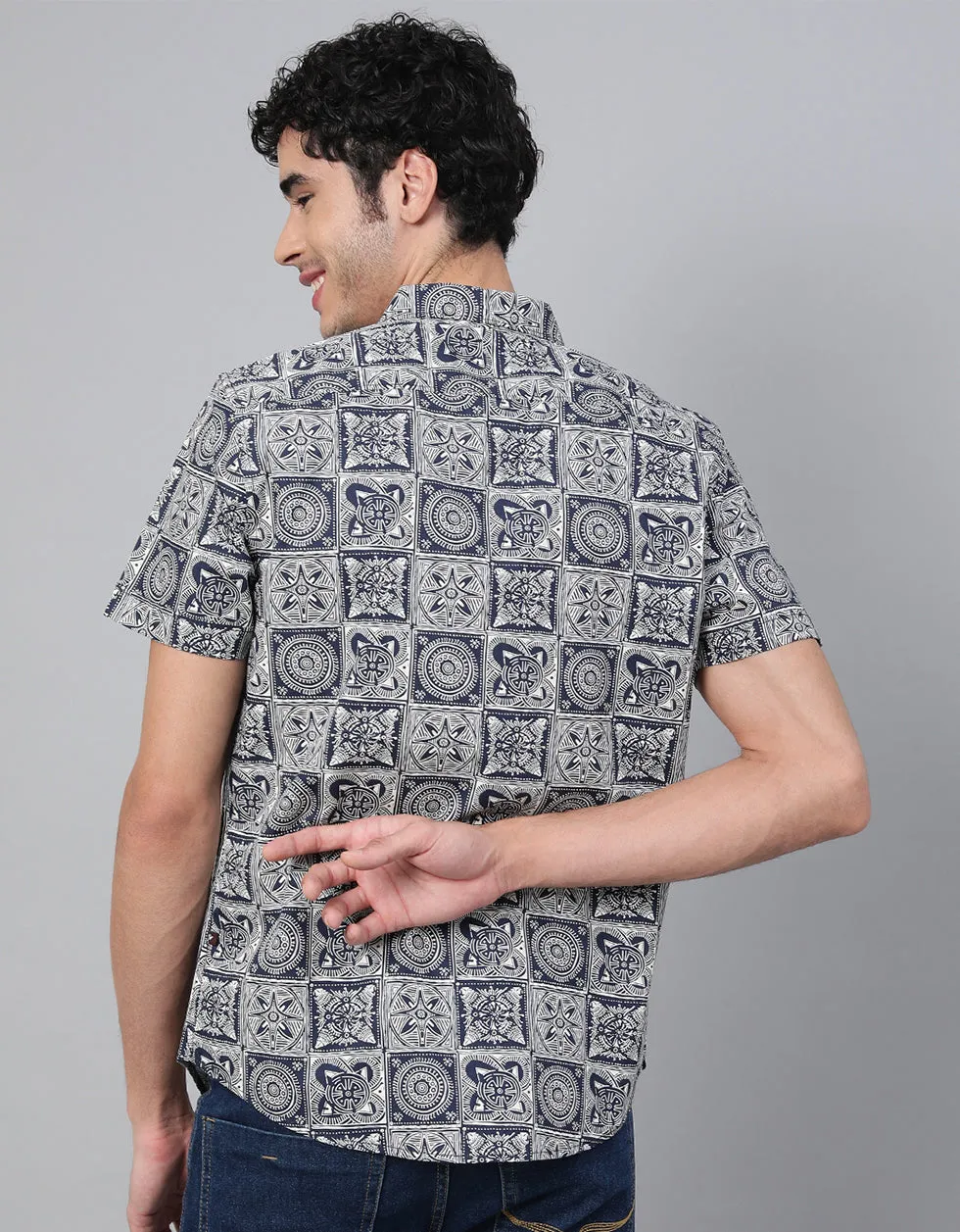 Navy Geometric Printed Casual Shirt