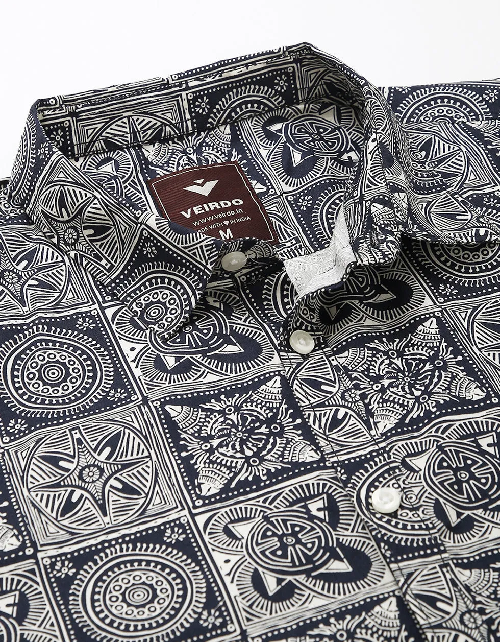 Navy Geometric Printed Casual Shirt