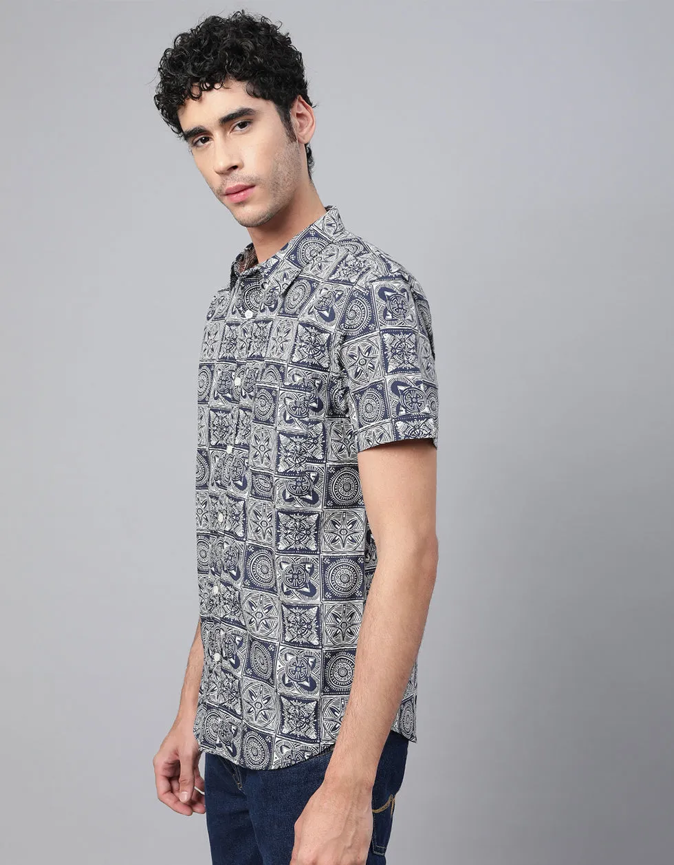 Navy Geometric Printed Casual Shirt