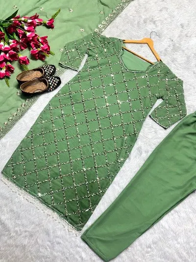 Pastel Green Georgette Hand Work Sequenced Straight Suit Set