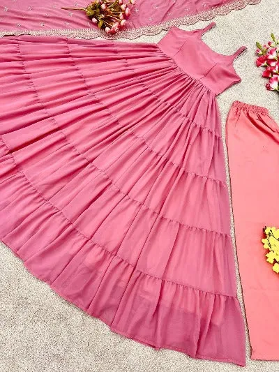 Pastel Pink Georgette Ruffle Pattern Anarkali Suit Set