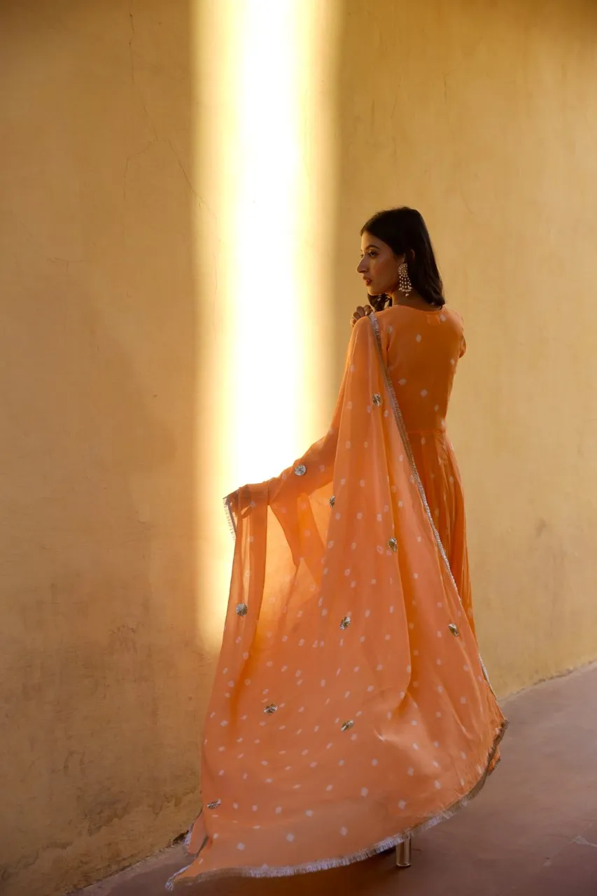 Peach handcrafted bhandhej anarkali