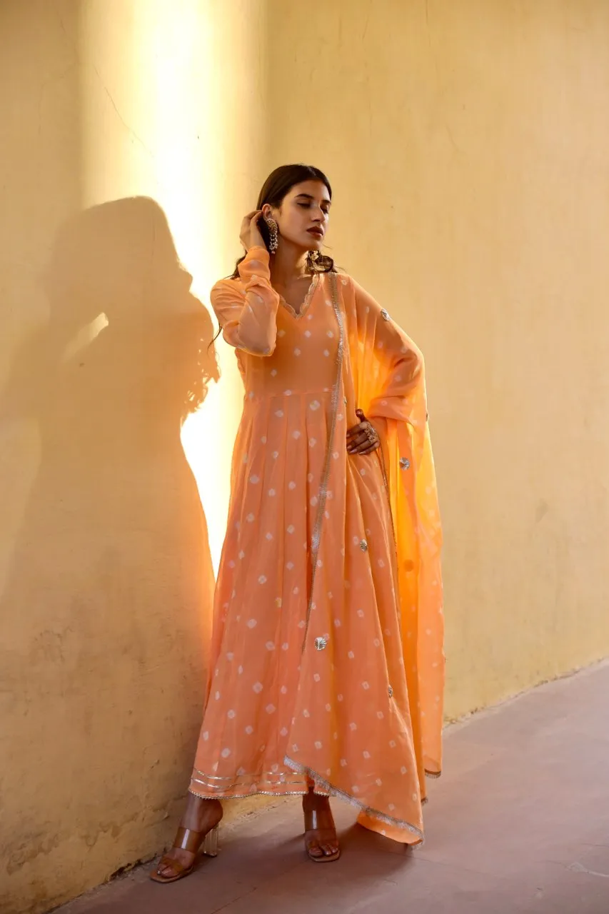 Peach handcrafted bhandhej anarkali